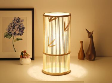 Tea Room Bamboo Woven Table Lamp Study Night Light Adjustable Light Warm Zen Bedside Lamp (Option: Bamboo leaf style large-Push button switch)